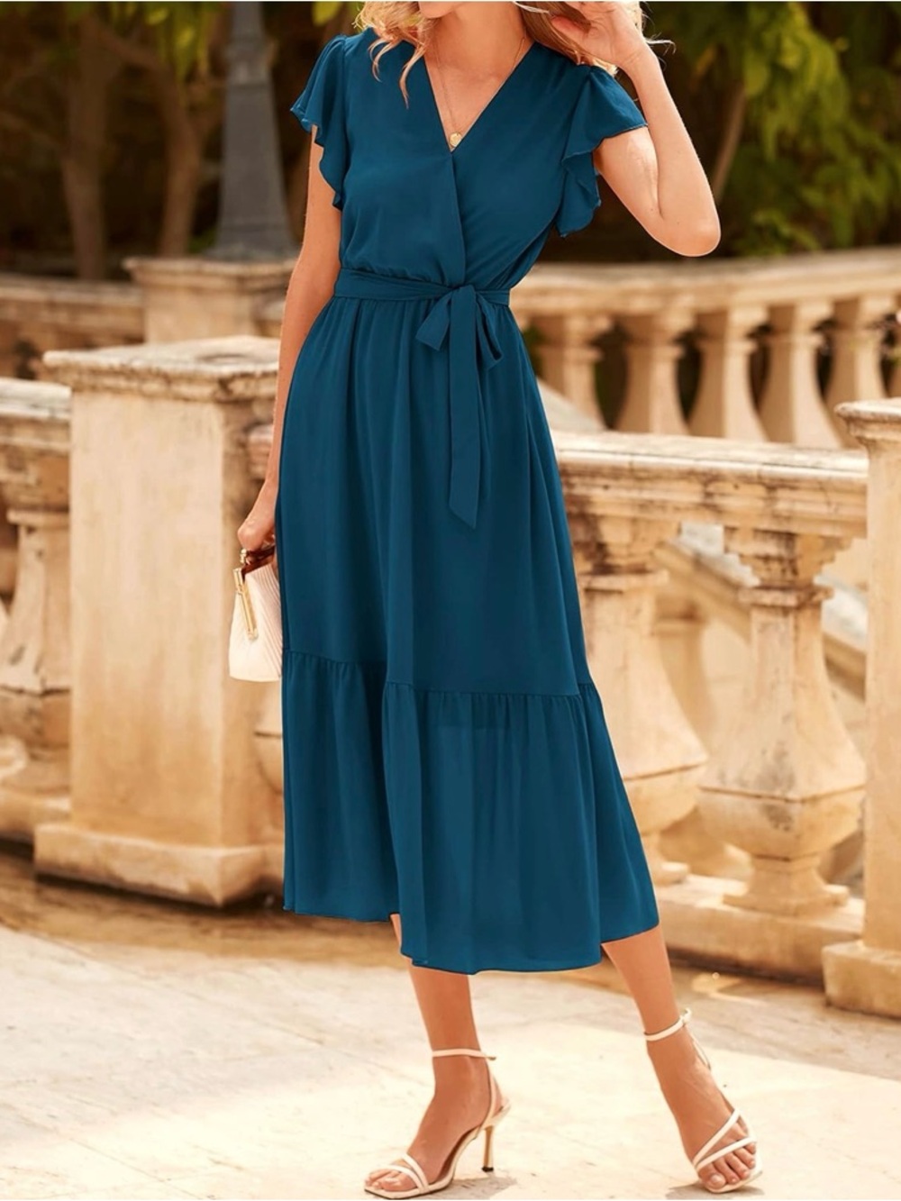 Women's Wrap Midi Dress with Tie Waist and Flutter Sleeves - Lake Blue - Picture 5 of 6